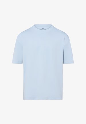 Helles Blaue Baumwoll-T-Shirt mit Rundhalsausschnitt, kurzen Ärmeln und lockerer Passform. Glatte Textur ohne sichtbare Muster oder Verzierungen.