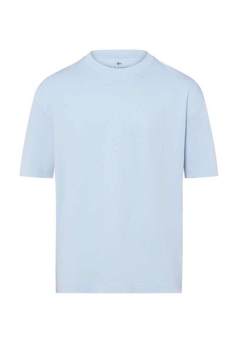 T-shirt in cotone azzurro chiaro con collo a giro, maniche corte e vestibilità ampia. Texture liscia senza motivi visibili o decorazioni.
