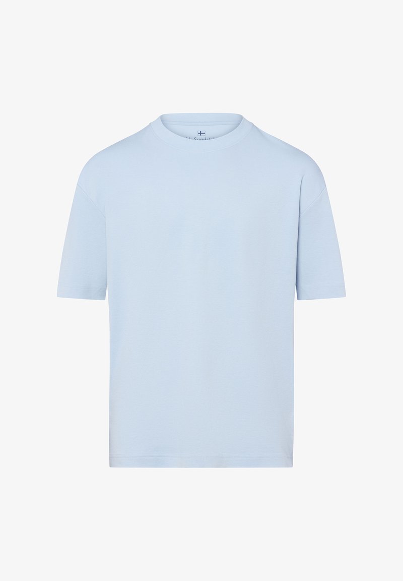 T-shirt in cotone azzurro chiaro con collo a giro, maniche corte e vestibilità ampia. Texture liscia senza motivi visibili o decorazioni.