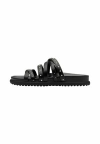 Black slide sandals with multiple thin straps featuring silver studs. Textured sole with rounded edges for grip and comfort.
