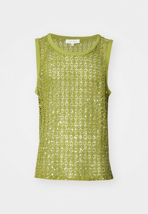 Limetková zelená bezrukávová blúzka s mrežovým dizajnom ozdobená flitrami, s okrúhlym výstrihom a pevným lemom okolo vykrojení na ruky.