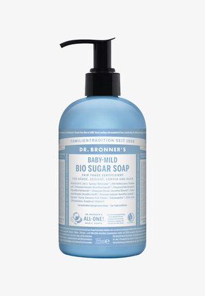 Blaue Kunststoffpumpflasche mit Dr. Bronner's Baby-Mild Bio-Zuckerseife, ausgestattet mit weißen Beschriftungen und schwarzem Pumpenkopf, 355 ml Fassungsvermögen.