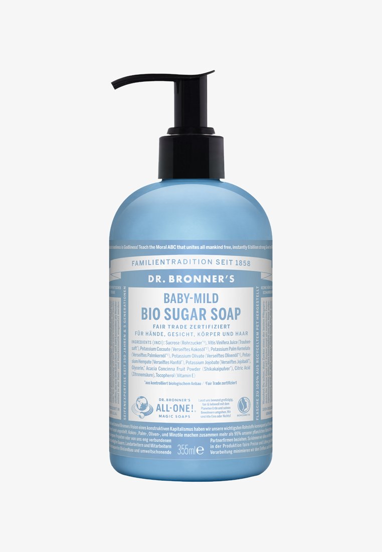 Blauwe plastic pompfles van Dr. Bronner's Baby-Mild Bio Suikersoop, met witte labeltekst en zwarte pompkap, capaciteit van 355 ml.
