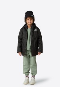 Černá nepromokavá bunda s kapucí, zelená mikina pod ní, světle zelené tepláky, černá čepice a bílé tenisky s vzorovanými ponožkami.