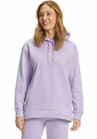 Lila hoodie gemaakt van zachte stof, met een relaxte pasvorm, trekkoorden en geribbelde manchetten. Gecombineerd met bijpassende broeken.