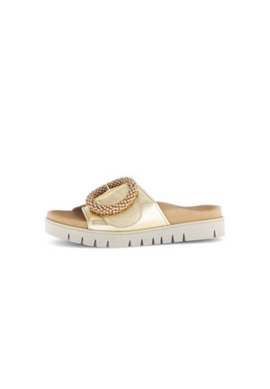 Gold satin slide sandal with a rounded toe, cushioned insole, and decorative woven accent strap. Features a textured white sole.