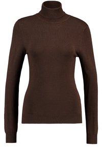 Brązowy sweter z długim rękawem, z prążkowanym kołnierzem typu golf, mankietami i dołem, zaprojektowany w slim fit.