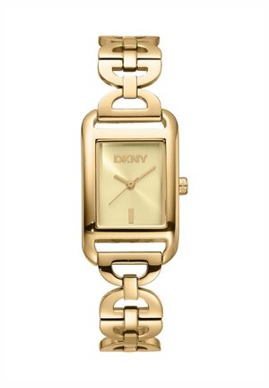 Orologio da polso DKNY rettangolare color oro con bracciale a maglie, quadrante minimalista e tre lancette dorate che indicano l'ora.
