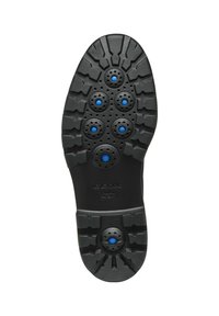 Soletta in gomma nera con superficie testurizzata, caratterizzata da sette fori di ventilazione blu e motivi geometrici per una migliore aderenza. Marchio Geox visibile.