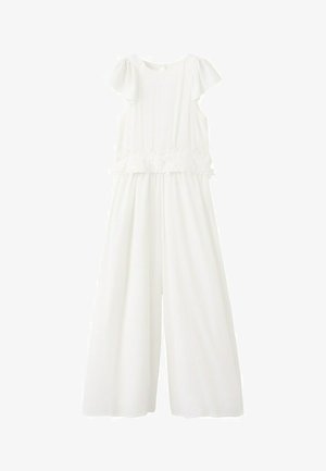 Mono blanco sin mangas con piernas anchas y detalles de encaje floral en la cintura sobre tela ligera.