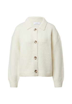 Kremowy kardigan z kołnierzykiem, dużymi guzikami i teksturowanym wzorem dzianiny. Posiada opuszczane ramiona i luźny krój.