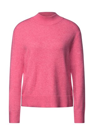 Rosa Strickpullover mit hohem Kragen, langen Ärmeln und gerippten Bündchen und Saum. Der Stoff hat eine weiche Textur und eine gleichmäßige Farbe.