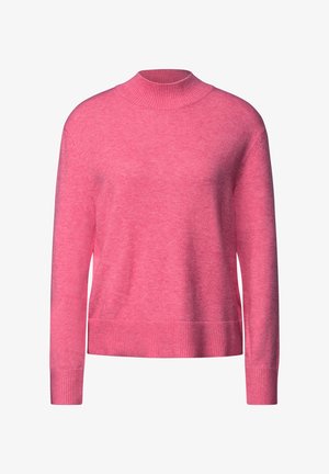 Roze gebreide trui met een hoge hals, lange mouwen en geribde manchetten en zoom. De stof heeft een zachte textuur en een gelijkmatige kleur.