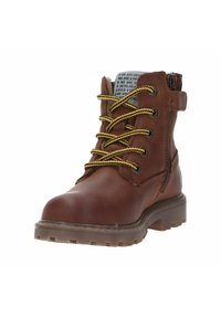 Braune Leder-Ankle-Boots mit gelben und schwarzen Schnürsenkeln, seitlichem Reißverschluss, gepolstertem Kragen und einer robusten, strukturierten Gummisohle.