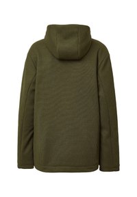 Olivegrüner, strukturierter Strick-Hoodie von hinten gezeigt, mit langen Ärmeln und lockerer Passform.