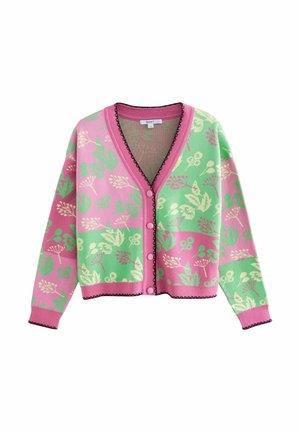 Cardigan boutonné rose et vert avec motifs floraux, bordure noire le long des bords et manches longues.