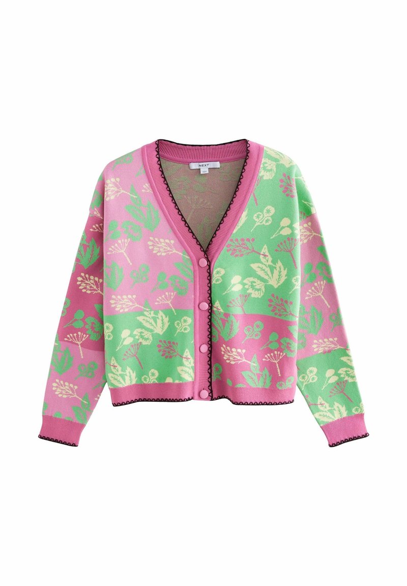 Cardigan boutonné rose et vert avec motifs floraux, bordure noire le long des bords et manches longues.