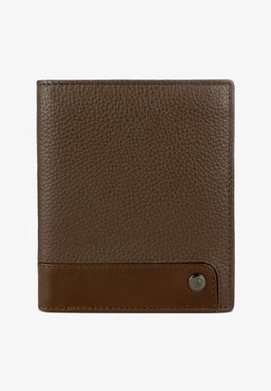 Cartera de cuero marrón texturizado con ribete de cuero liso y pequeño botón metálico redondo con logo en la esquina inferior derecha.