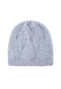 Helehallide kootud beanie, millel on tekstuuriline lehe mustring ja ribatud äär. See on valmistatud pehmest lõngast ning omab pisut venivat sobitust.