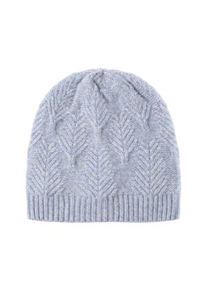 Helehallide kootud beanie, millel on tekstuuriline lehe mustring ja ribatud äär. See on valmistatud pehmest lõngast ning omab pisut venivat sobitust.