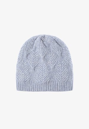 Helehallide kootud beanie, millel on tekstuuriline lehe mustring ja ribatud äär. See on valmistatud pehmest lõngast ning omab pisut venivat sobitust.