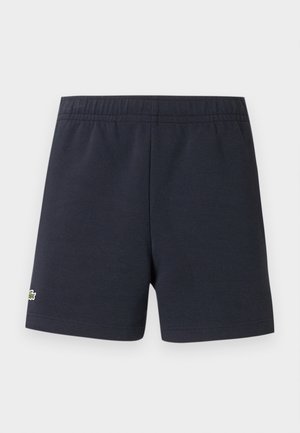 Navy blue shorts made of textured fabric with an elastic waistband and a small embroidered logo on the left side.
