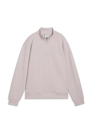 Pull léger rose clair à manches longues avec fermeture éclair au quart, col et poignets côtelés, avec un petit logo Puma sur la poitrine gauche.