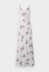Lang hvit kjole med tynne stropper, med et blomster mønster i brune toner. Laget av glatt stoff, har den en V-hals og en flytende silhuett.