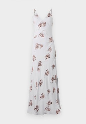 Rochie lungă albă cu bretele subțiri, având un model floral în nuanțe de maroniu. Confecționată dintr-un material neted, dispune de un decolteu în formă de V și o siluetă fluidă.