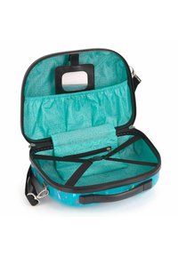 Hartschalen-Reisetasche mit türkisfarbenem Äußeren. Enthält ein gemustertes Inneres, verstellbare Gurte, ein Reißverschlussfach und einen Tragegriff.