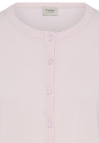 Cardigan en maille rose clair avec col rond et cinq boutons assortis sur le devant.
