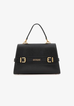 Sac à main en cuir noir avec finition texturée, forme structurée, accents en métal doré et bandeau à boucle à l'avant. Logo affiché à l'avant.
