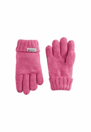 Rosa gestrickte Handschuhe mit einer gerippten Manschette, die ein Etikett mit "3M Thinsulate" trägt. Weiche Textur und traditionelles Fünf-Finger-Design.