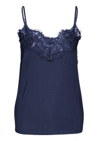 Camisola blu navy con spalline regolabili, caratterizzata da un bordo in pizzo sullo scollo e una texture liscia e morbida. Design semplice.