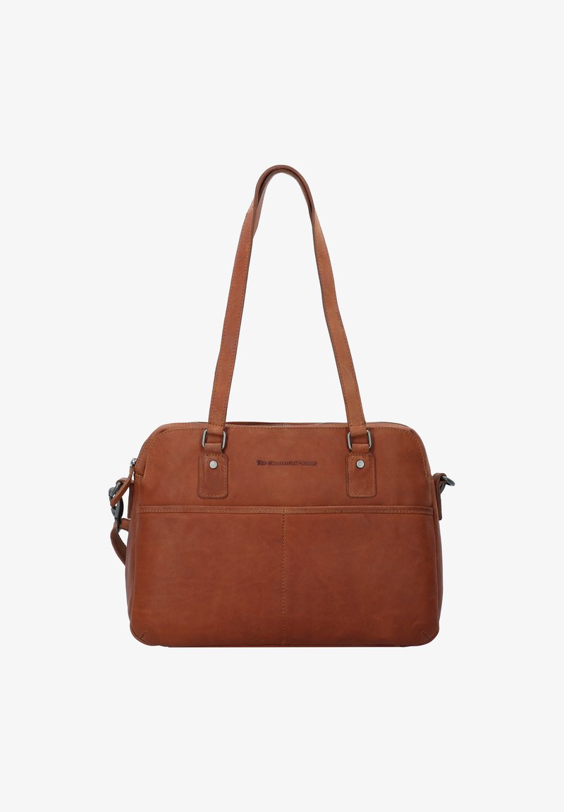 Ruskea nahkainen käsilaukku, jossa on kaksinkertaiset kahvat, sileä pinta, suorakulmainen muoto ja etutasku, jossa on metalliset varusteet.