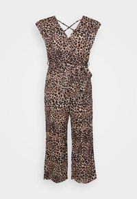 Jumpsuit z leopardjim vzorom iz lahkega blaga; vključuje preklopno zasnovo, kratke rokave in prilegajoč pas z detajlom zaveza, široke razširjene hlačnice.