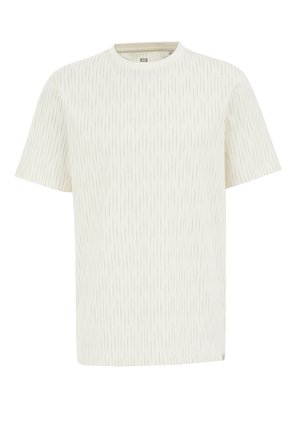 Cream short-sleeve t-shirt with vertical thin stripes. Round neck, soft fabric, casual fit, subtle texture, and no visible logos or hardware.