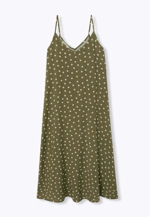 Robe sans manches vert olive avec fines bretelles et pois blancs, dotée d'un col en V et d'une coupe ample.