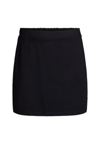 Černá mini sukně vyrobená z hladkého materiálu s elastickým pasem. Jednoduchý design, žádné vzory ani ozdoby.