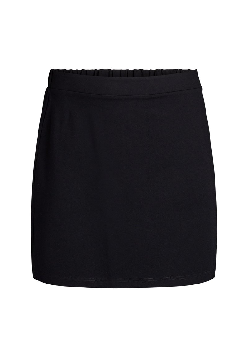 Černá mini sukně vyrobená z hladkého materiálu s elastickým pasem. Jednoduchý design, žádné vzory ani ozdoby.