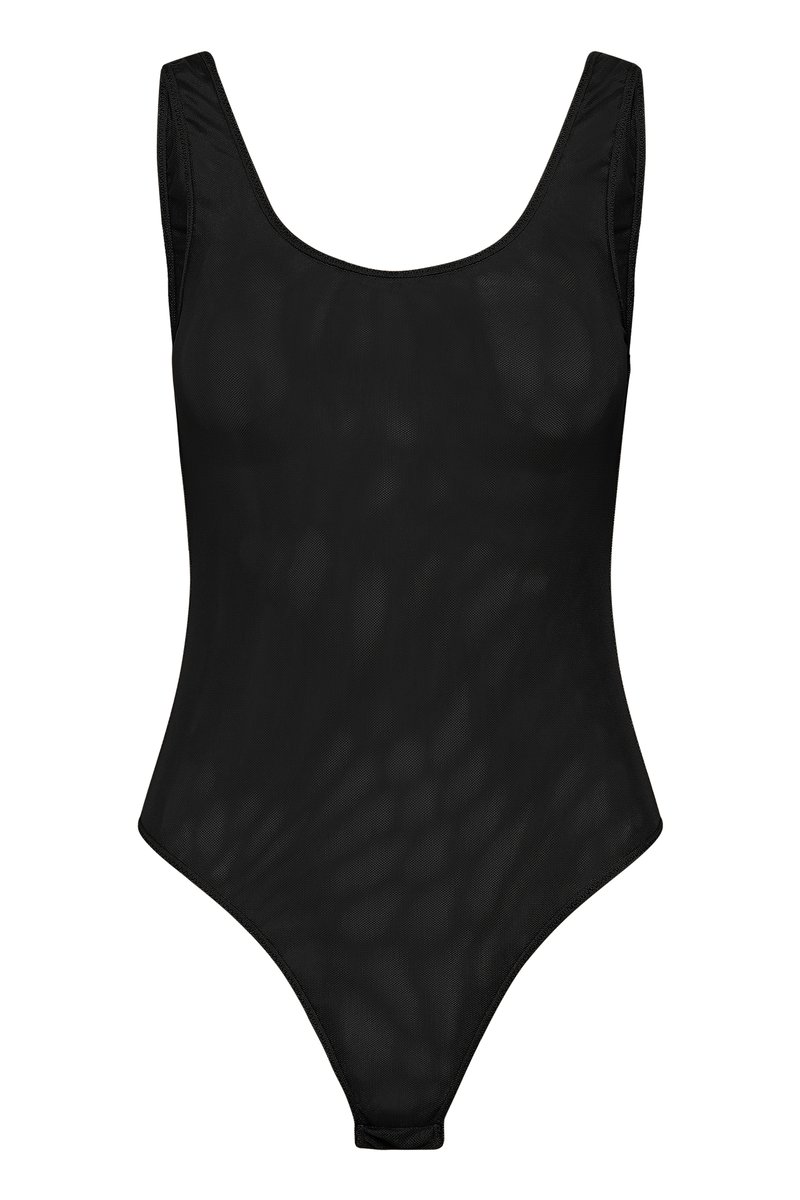Black sleeveless bodysuit with scoop neckline and high-cut leg openings, made from sheer mesh fabric.