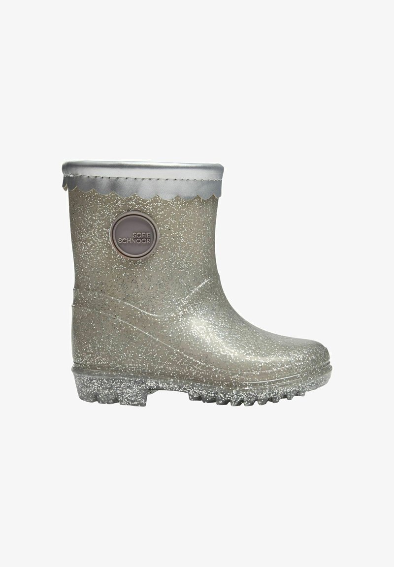 Stivale da pioggia glitterato argento con bordo superiore smerlato, materiale in gomma, logo rotondo sul lato e suola testurizzata per una migliore trazione.