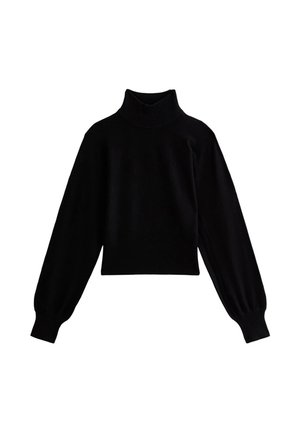 Zwarte lange mouw cropped turtleneck trui met geribde manchetten en zoom.