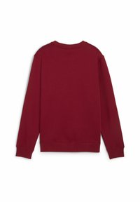 Sudadera burdeos con mangas largas, puños acanalados y cuello redondo. Textura suave, color sólido y sin patrones o adornos visibles.