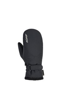 Schwarze isolierte Fäustlinge aus weichem Stoff, mit einem fleecegefütterten Bündchen, verstellbarem Riemen und gestickten Details auf der Oberfläche.