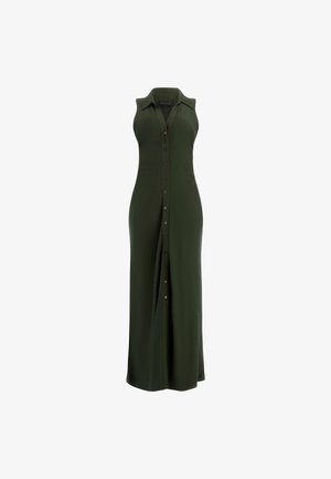 Robe maxi sans manches, boutonnée, de couleur vert foncé, fabriquée à partir d'un tissu doux, dotée d'un col, d'une ouverture pleine longueur avec des boutons et d'une coupe décontractée.