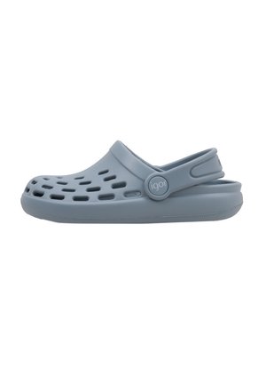 Gray slip-on clog made of rubber-like material, featuring ventilation holes, a back strap, and a rounded toe for easy wear.