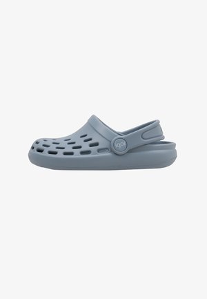 Gray slip-on clog made of rubber-like material, featuring ventilation holes, a back strap, and a rounded toe for easy wear.