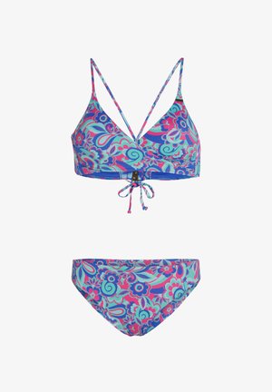 Zestaw bikini z kwiatowym wzorem w kolorach niebieskim, różowym i zielonym. Górna część ma dekolt w kształcie litery V, podwójne ramiączka i detale wiązania; dolna część ma pasujący nadruk.