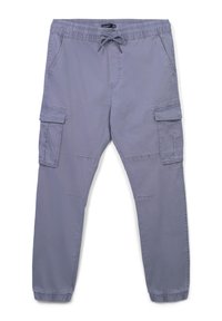 Graue Cargo-Hosen mit einem elastischen Bund und Kordelzug. Mit seitlichen Taschen und schmal zulaufenden Bündchen. Hergestellt aus leichtem Stoff.